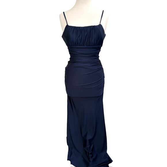 B Darlin Navy Blue Ruched Spaghetti Strap Backless Dress Size 1/2 - Picture 5 of 11